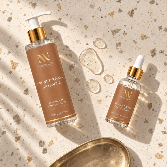 Gel Nettoyant et Sérum Salicylique NÜW BEAUTY présentés sur fond minéral