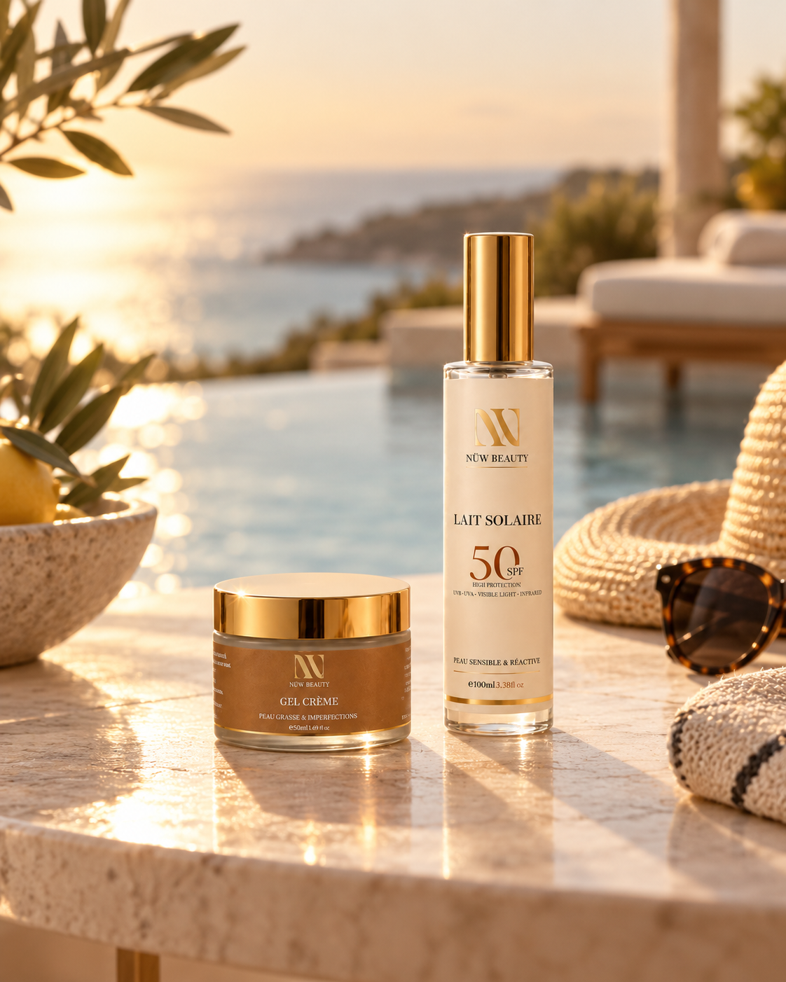 Gel-Crème et Lait Solaire SPF50 NÜW BEAUTY présentés en extérieur