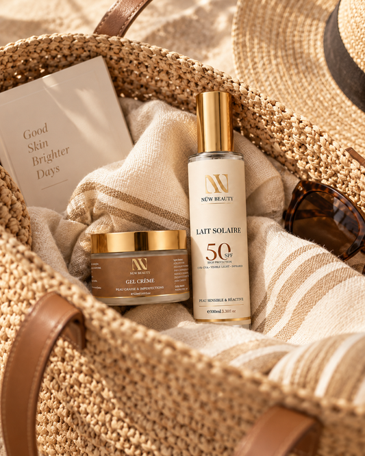 Gel-Crème et Lait Solaire SPF50 NÜW BEAUTY dans un panier de plage