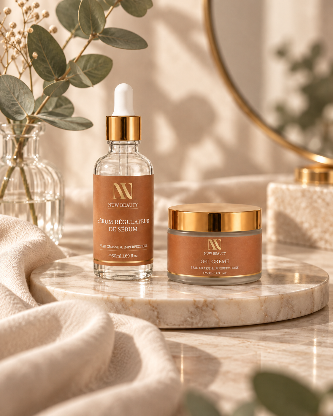 Duo Régulation Sébum NÜW BEAUTY présenté devant un miroir en lumière dorée