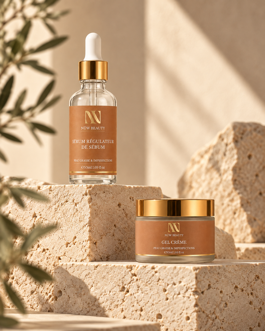 Sérum Régulateur et Gel-Crème NÜW BEAUTY sur des socles en pierre beige