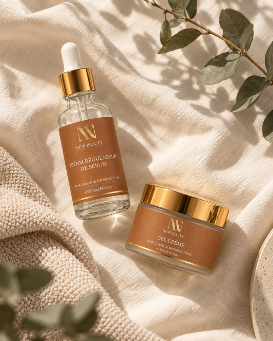 Sérum Régulateur et Gel-Crème NÜW BEAUTY sur tissu beige avec feuillage
