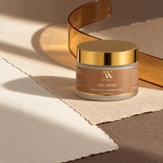Gel-Crème NÜW BEAUTY présenté sur un socle beige géométrique