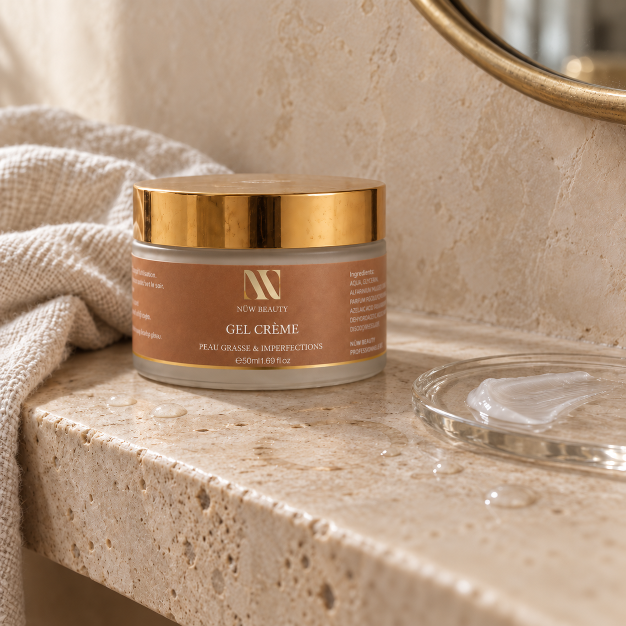 Gel-Crème NÜW BEAUTY présenté sur un socle en pierre avec une serviette