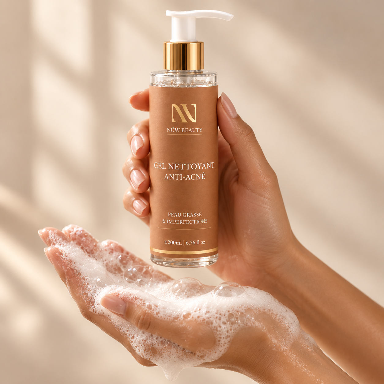 Gel Nettoyant Anti-Acné NÜW BEAUTY tenu au-dessus d’une mousse nettoyante