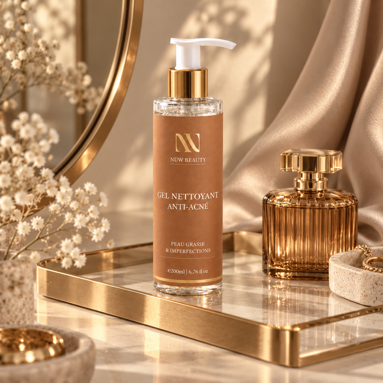 Gel Nettoyant Anti-Acné NÜW BEAUTY présenté sur un plateau doré