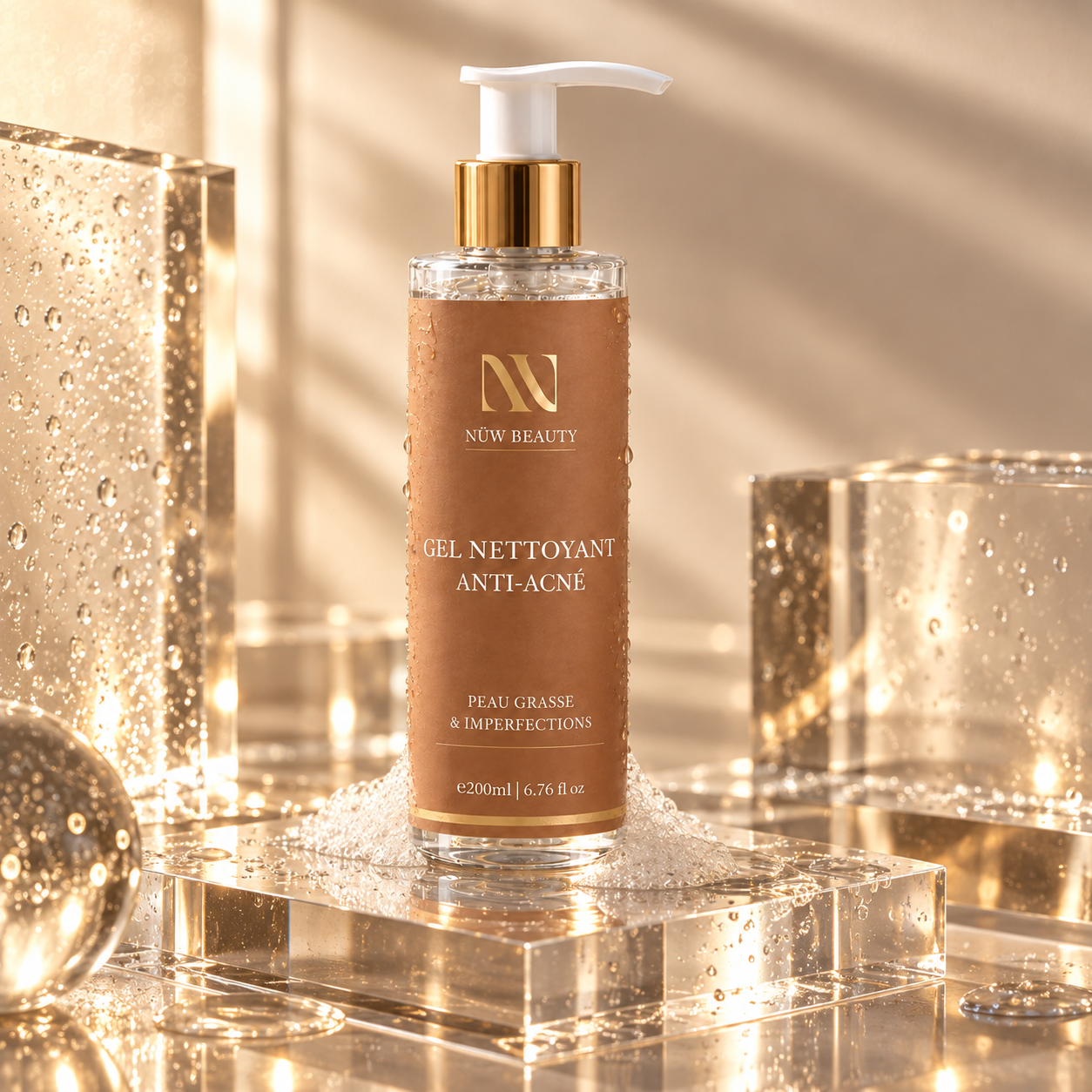 Gel Nettoyant Anti-Acné NÜW BEAUTY présenté sur un socle transparent
