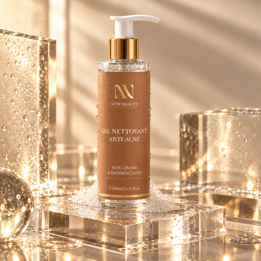 Gel Nettoyant Anti-Acné NÜW BEAUTY présenté sur un socle transparent