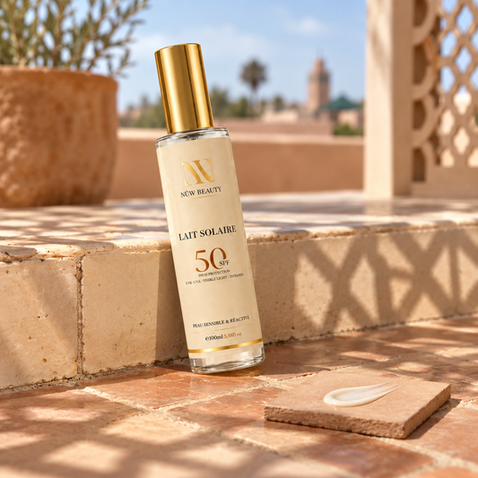 Lait Solaire SPF50 NÜW BEAUTY présenté en extérieur sous la lumière du soleil