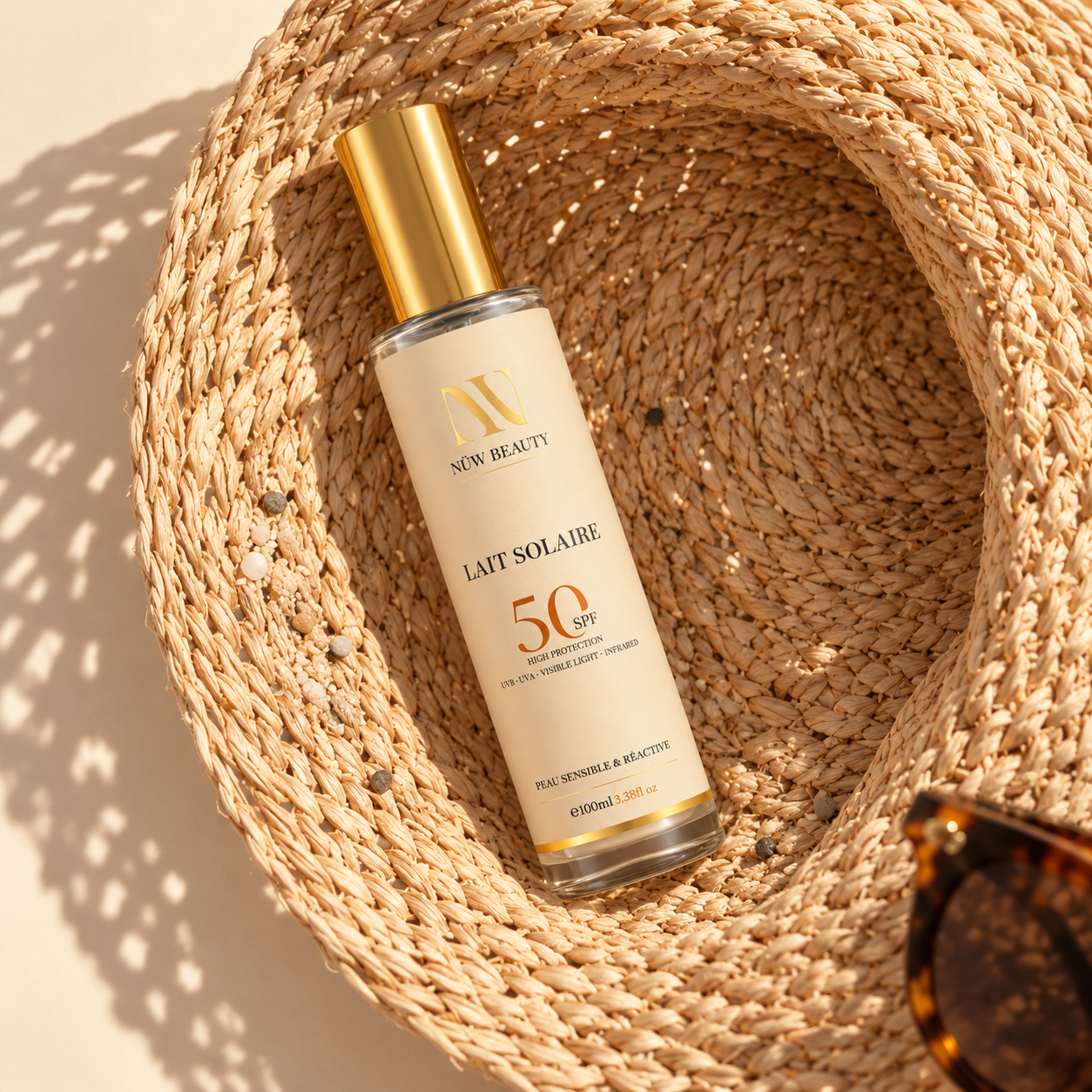 Lait Solaire SPF50 NÜW BEAUTY placé dans un panier tressé