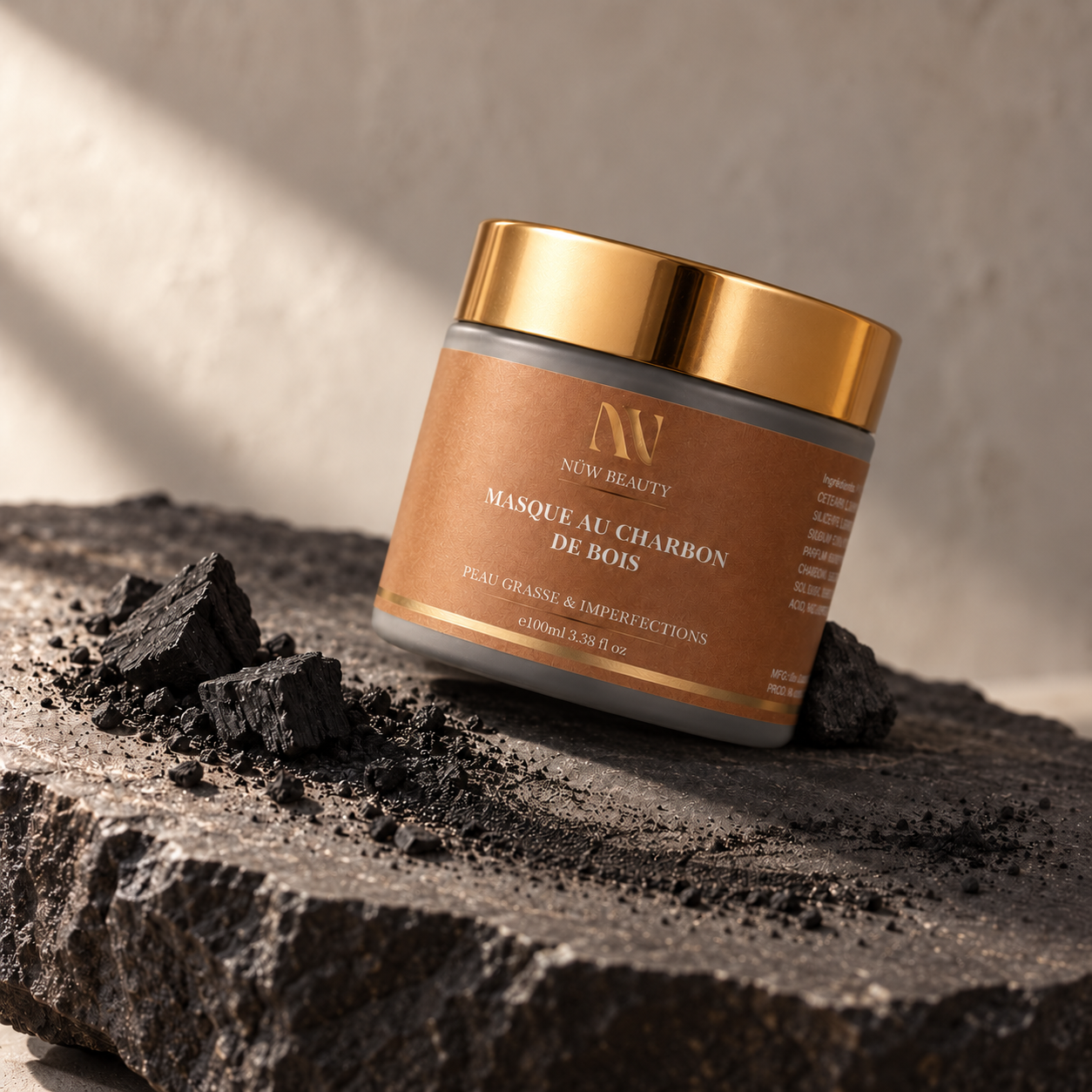 Masque au Charbon de Bois NÜW BEAUTY présenté sur une matière noire texturée