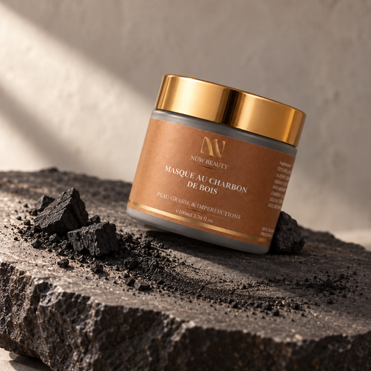 Masque au Charbon de Bois NÜW BEAUTY présenté sur une matière noire texturée