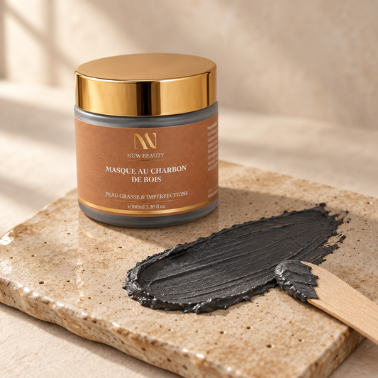 Pot NÜW BEAUTY accompagné d’un échantillon de texture du masque au charbon