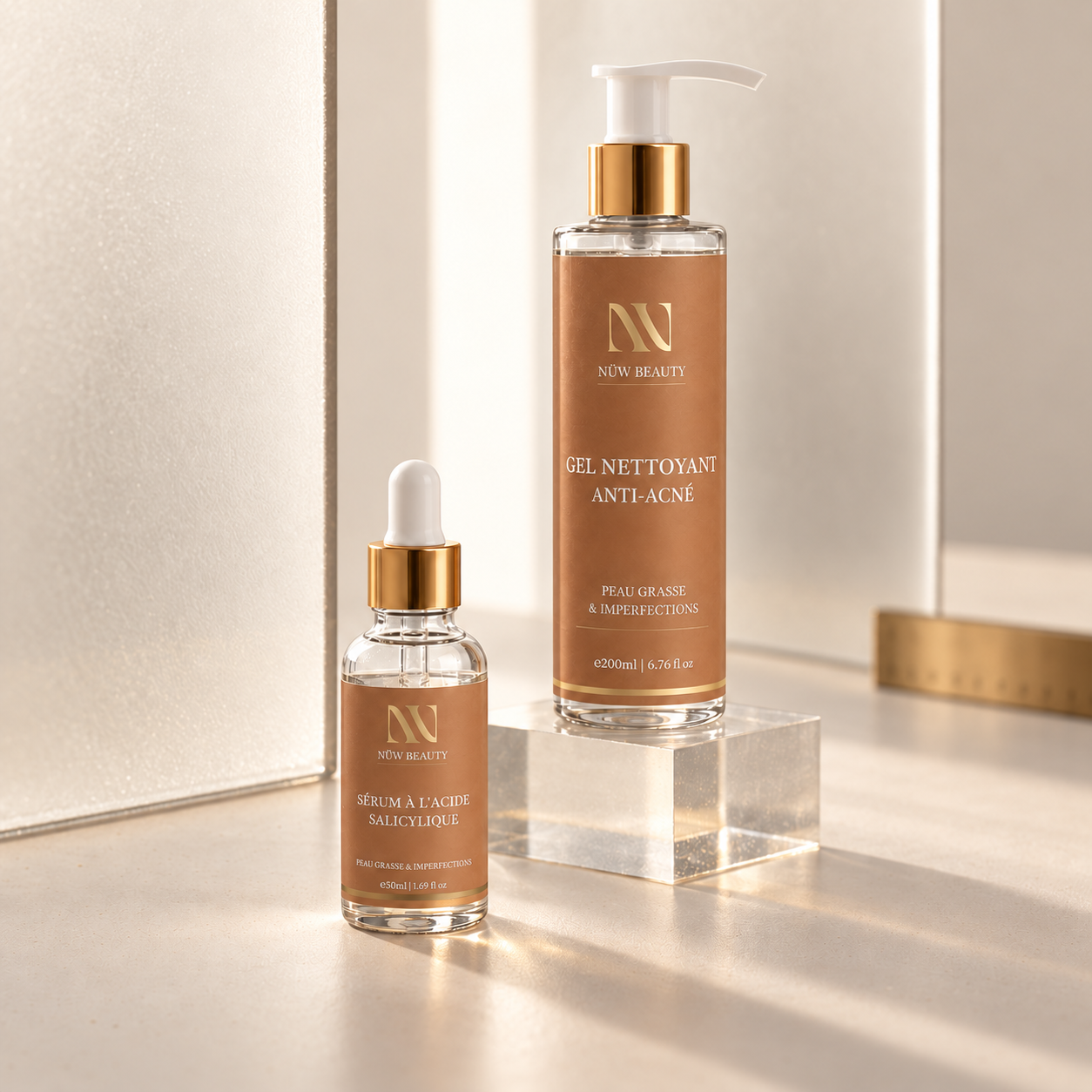 Routine anti-acné NÜW BEAUTY avec gel nettoyant et sérum sur socle beige