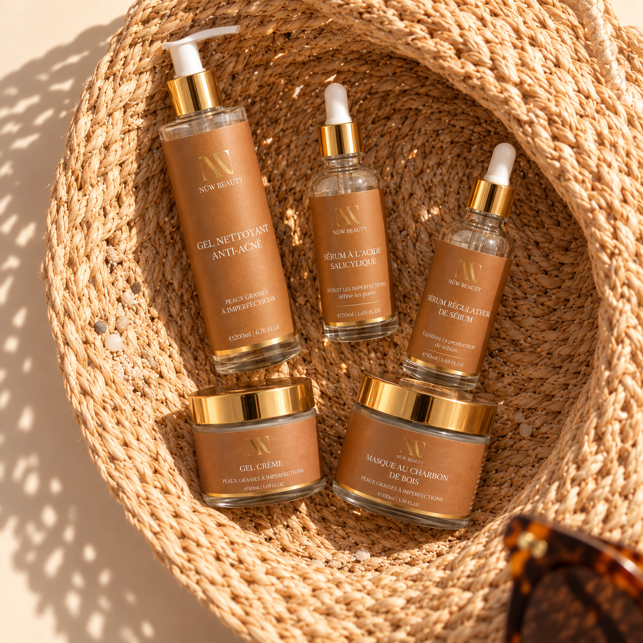 Routine Complète de cinq soins NÜW BEAUTY disposée dans un panier tressé