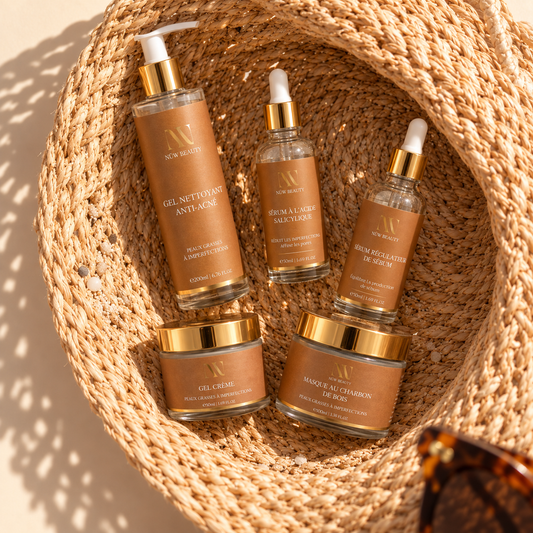 Routine Complète de cinq soins NÜW BEAUTY disposée dans un panier tressé