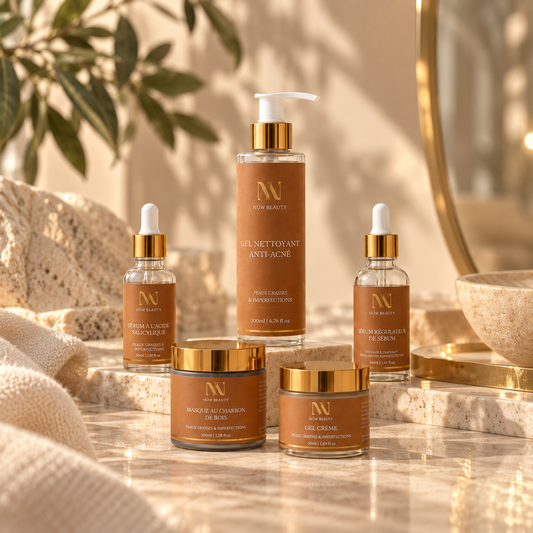 Les cinq soins de la Routine Complète NÜW BEAUTY présentés sur un tissu beige