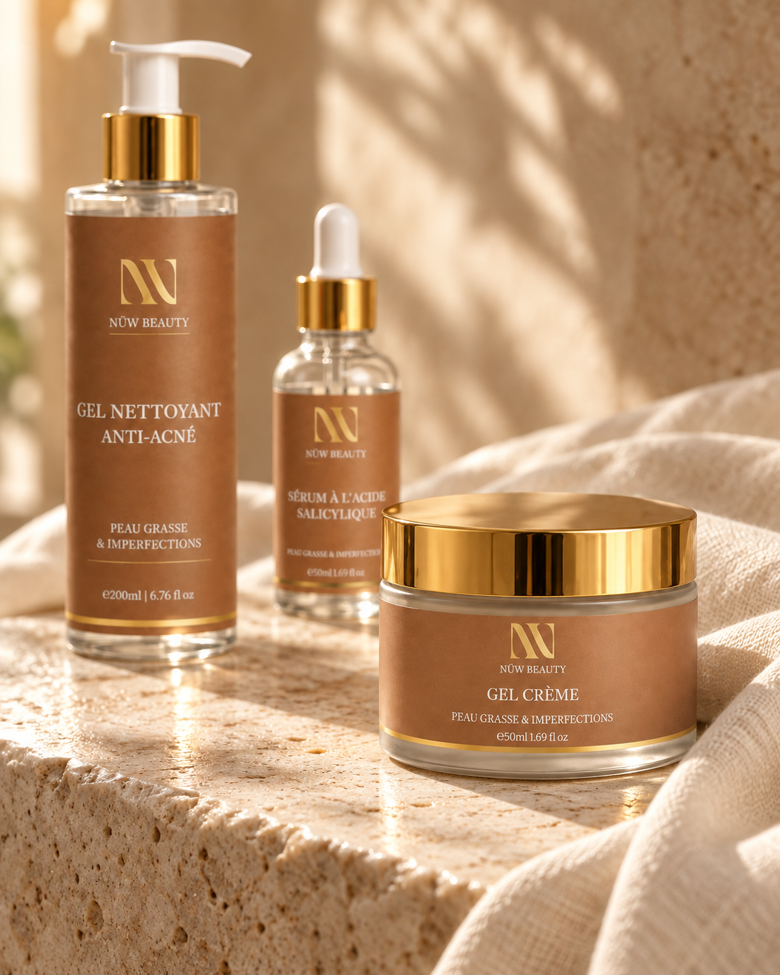 Routine Essentielle NÜW BEAUTY – trois soins visage en lumière dorée
