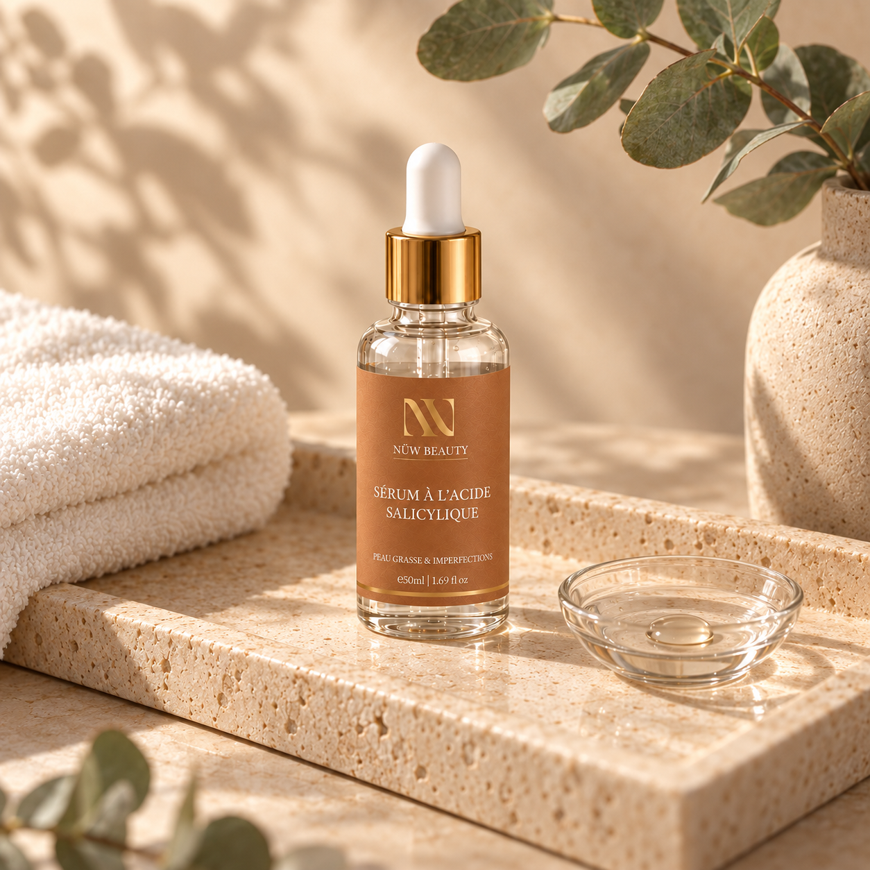Sérum à l’Acide Salicylique NÜW BEAUTY sur un plateau en pierre avec serviettes