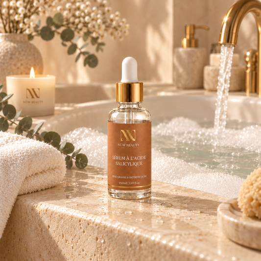 Sérum à l’Acide Salicylique NÜW BEAUTY présenté près d’un lavabo