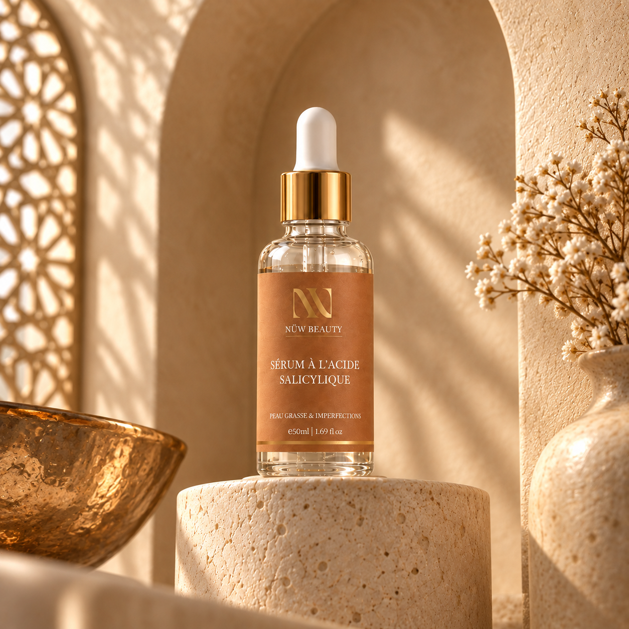Sérum à l’Acide Salicylique NÜW BEAUTY présenté sur un socle beige
