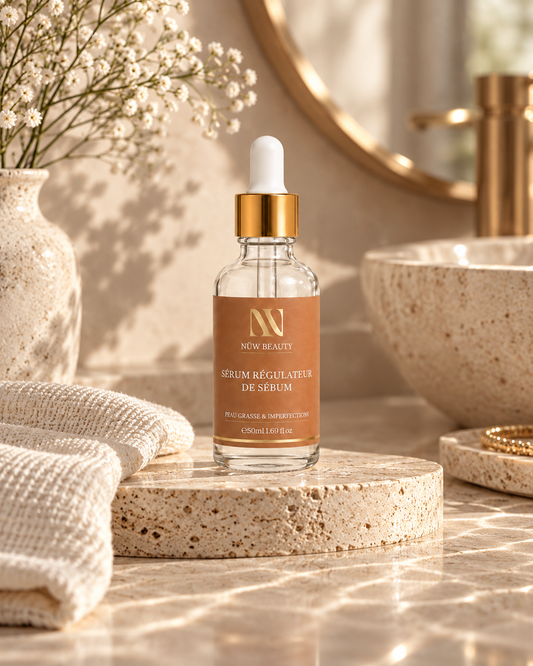 Sérum Régulateur de Sébum NÜW BEAUTY présenté près d’un lavabo avec serviettes