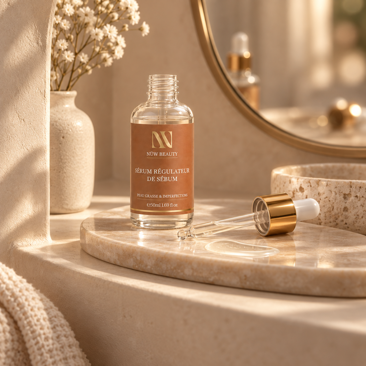 Sérum Régulateur de Sébum NÜW BEAUTY présenté sur un plateau devant un miroir