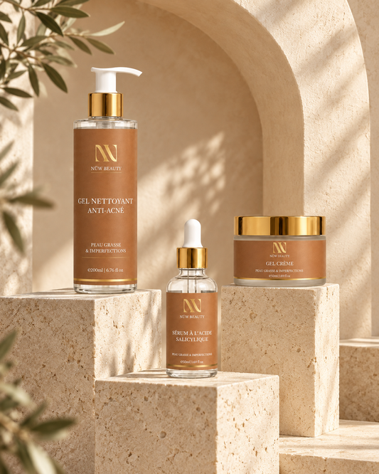 Starter Kit NÜW BEAUTY présenté sur des socles en pierre beige