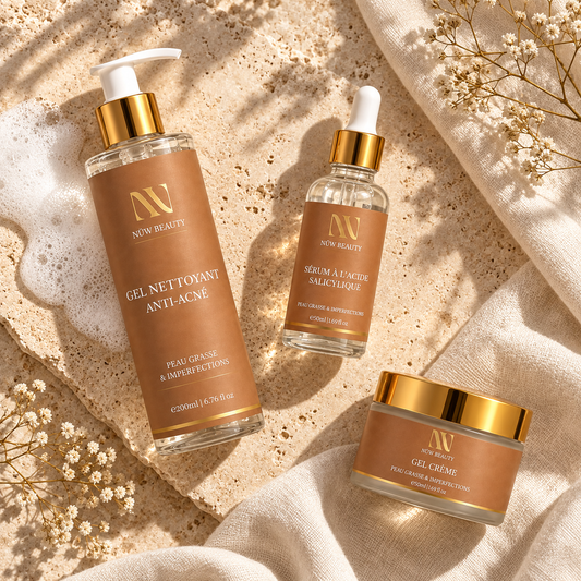 Gel Nettoyant, Sérum Salicylique et Gel-Crème NÜW BEAUTY sur fond beige